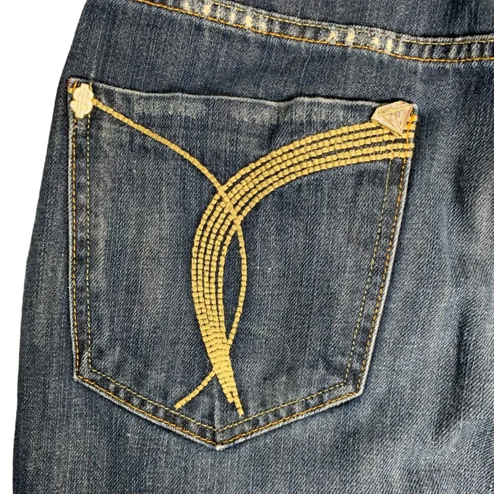 Vintage Y2K Stash House Denim Jeans 34 Med Wash Distressed Straight Embellished - Picture 7 of 8